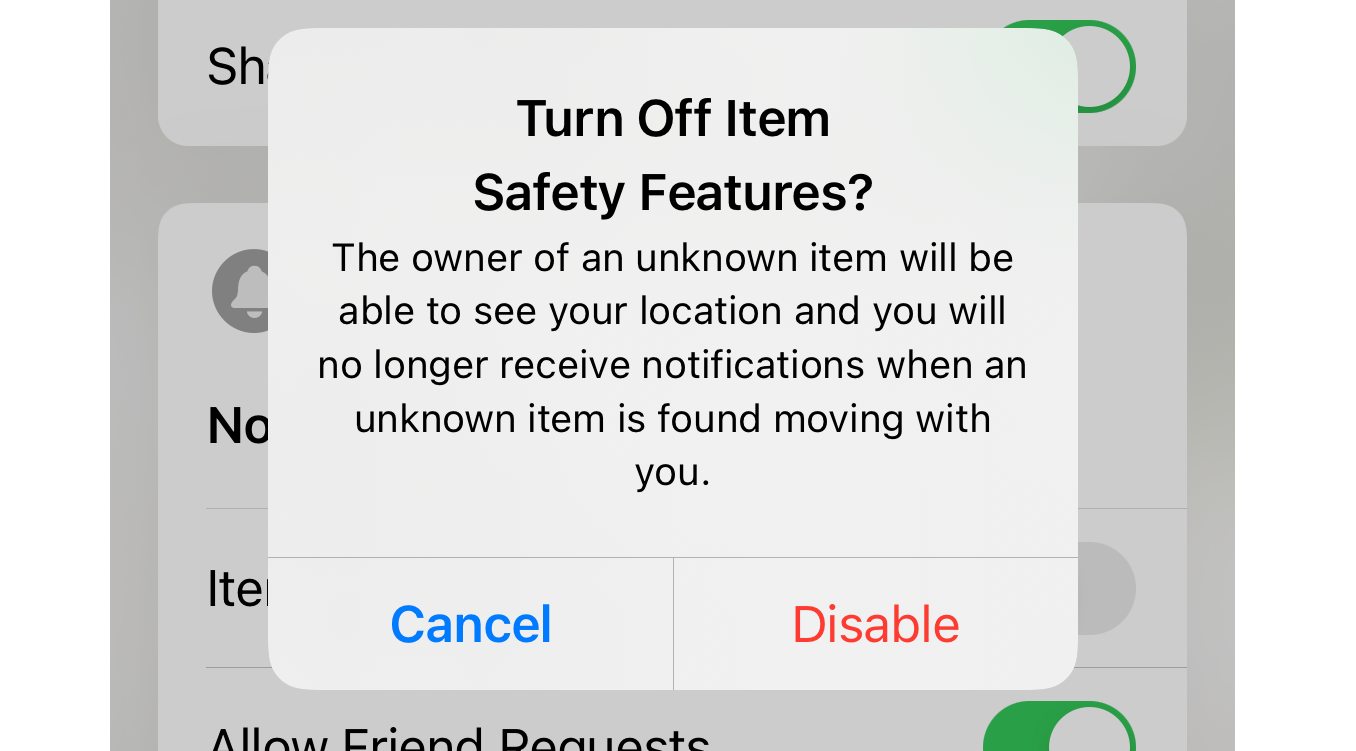 Screenshot from the Find app, showing warning message when turning off notifications for items.