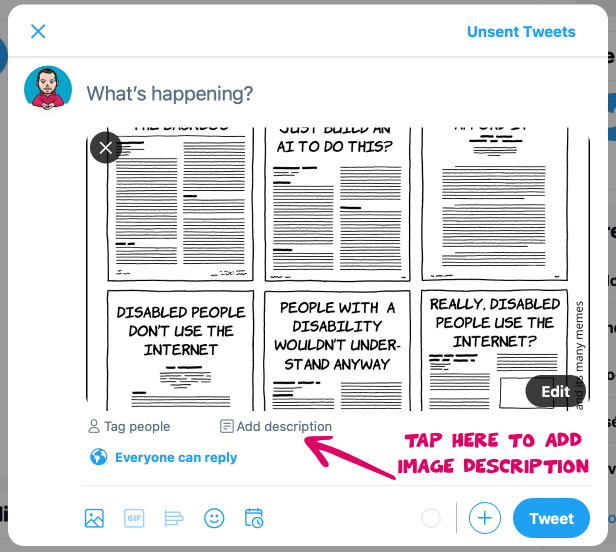Screenshot from twitter.com where a tweet is being composed with an image. An arrow points to the link "Add description" and is labelled with "Tap here to add description"