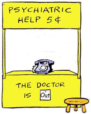 Image from the cartoon Peanuts showing Lucy's Psychiatric help stand and the sign: "The doctor is out".