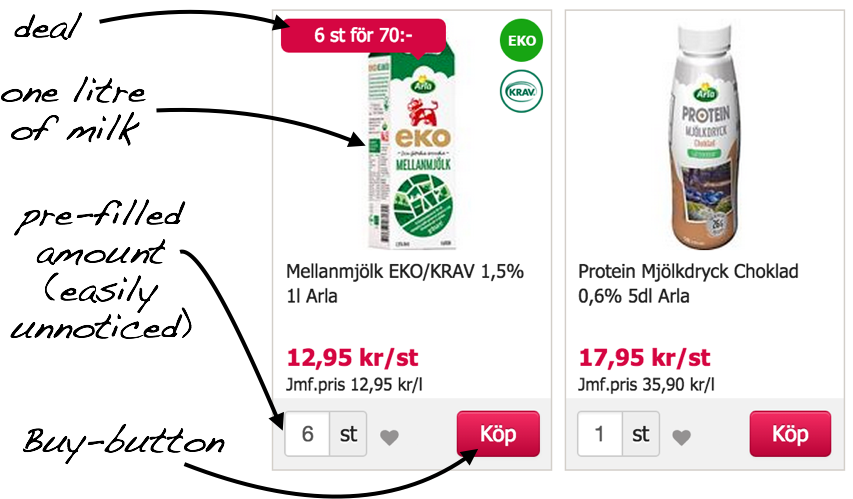 Screenshot from the Mathem grocery shopping website