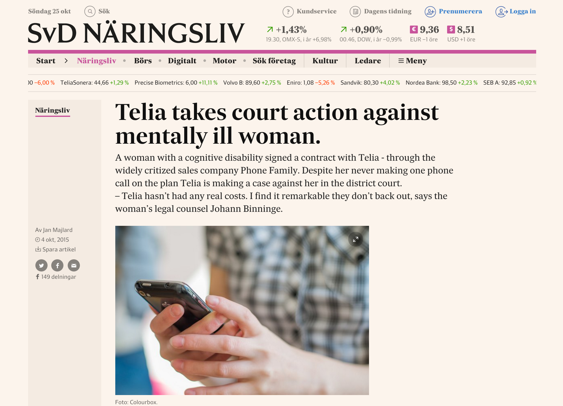 Screenshot of newspaper article headlined "Telia takes court action against mentally ill woman"