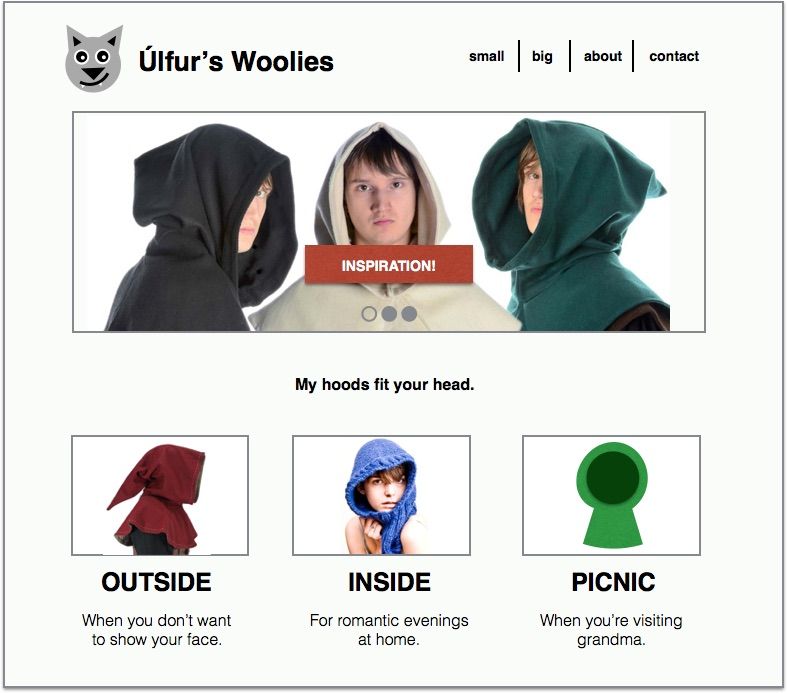 Website mockup of website selling hoodies with teasers for themes: outside, inside, picnic