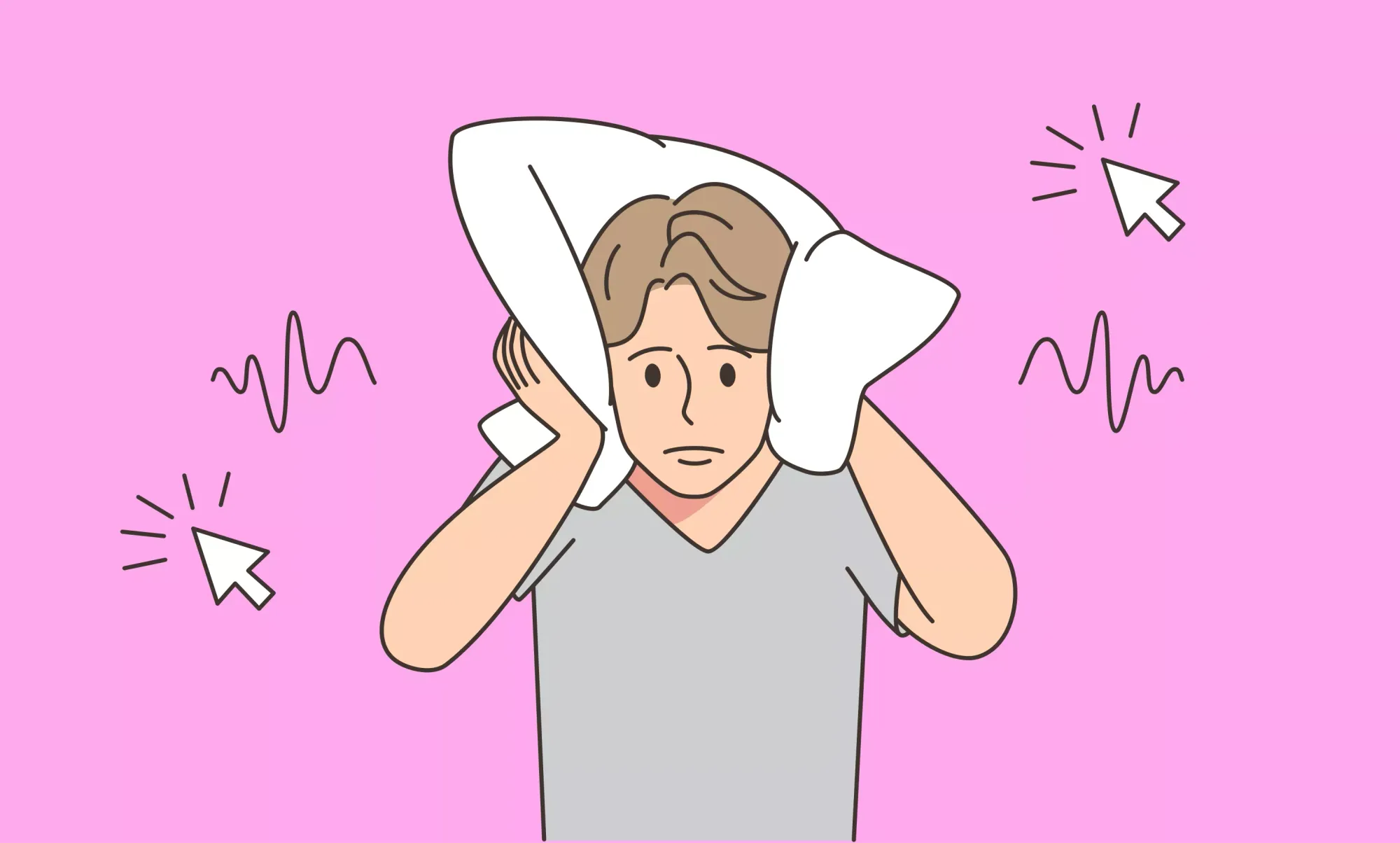 Man holding a pillow wrapped around his head to cover his ears.