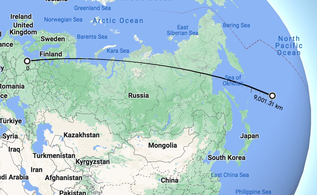 Line across the length of Russia that ends far out to sea.