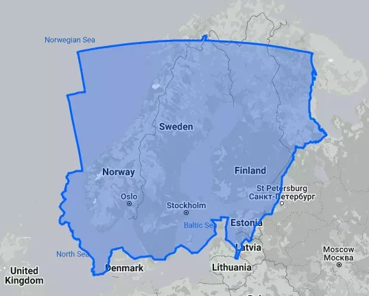 The outline of Sudan superimposed over the Scandinavian Peninsula and Finland.