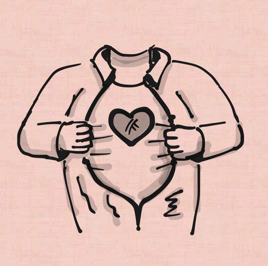 Drawing of upper body where two hands pull apart a shirt to reveal a t-shirt with a picture of a heart.