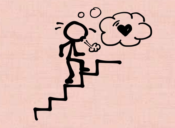 A stick figure walking up a flight of stairs, sweating and panting. A thought bubble shows a heart.