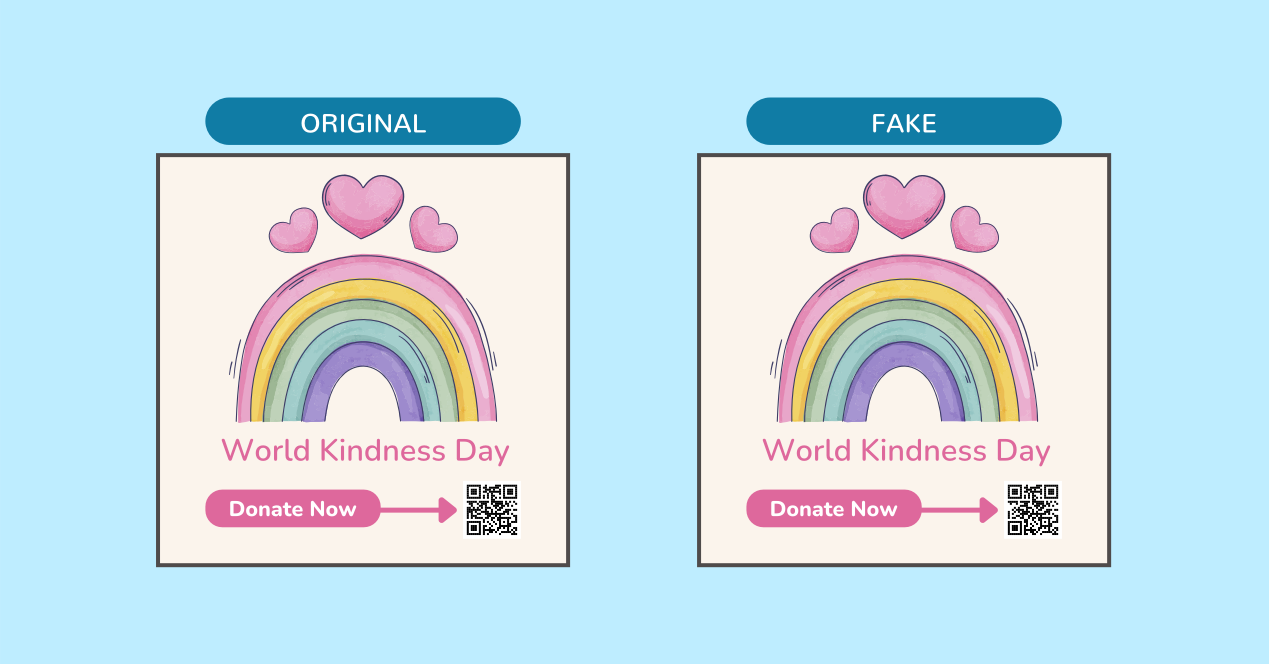 Two campaign graphics for World Kindness Day that look the same but the QR codes differ. One is the original and one is fake.