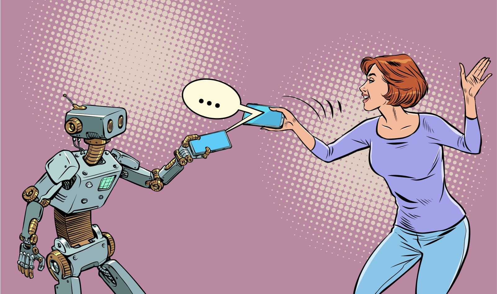 Pop Art style illustration. A woman and a robot exchange information via their respective phones.