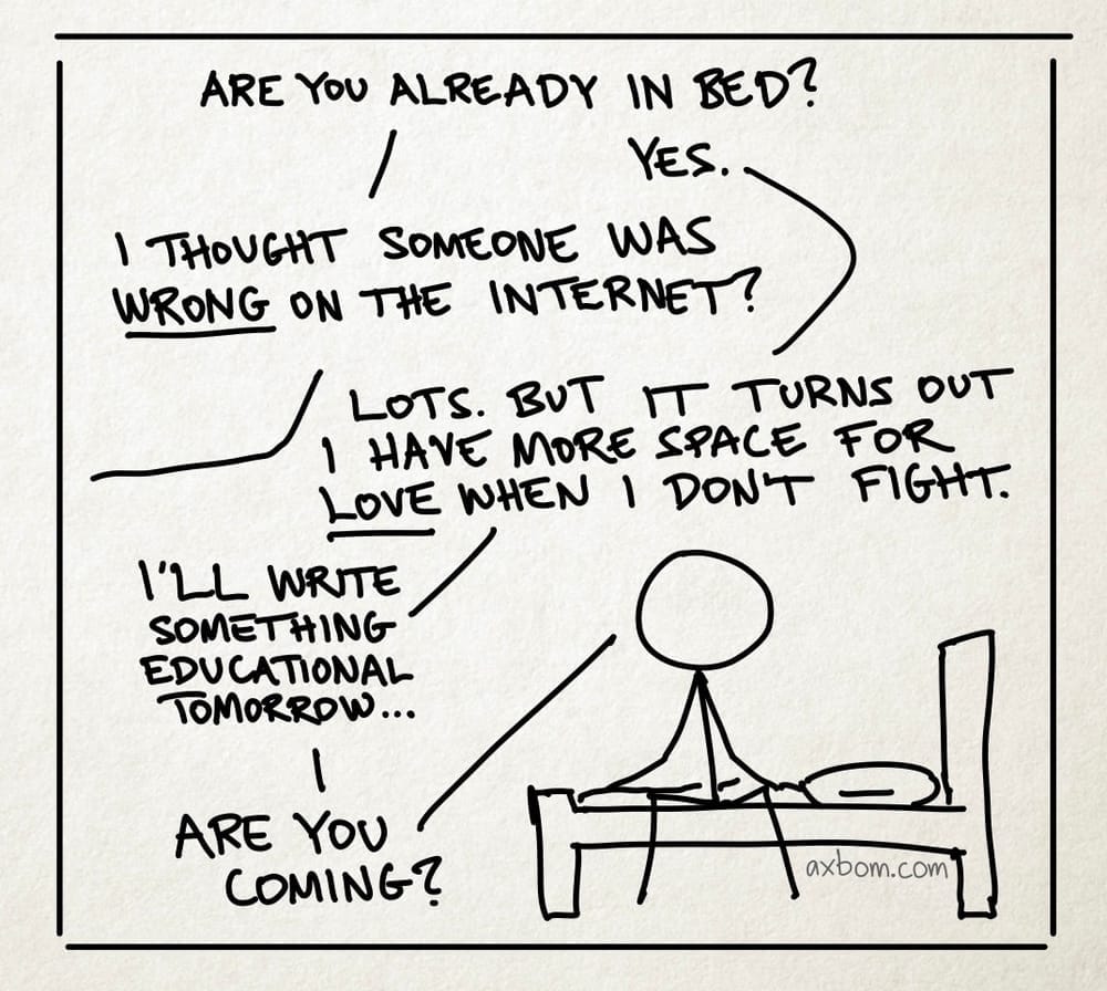 A stick figure sitting on their bed talking to someone out of view.