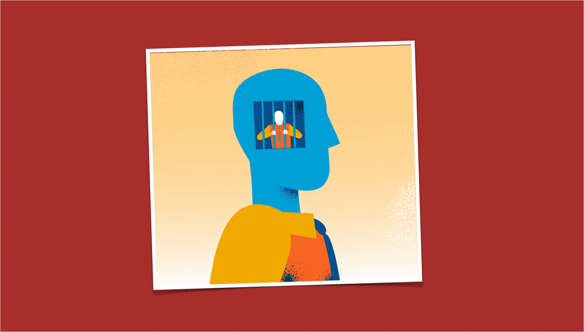 Abstract illustration via Magnific. A blue head in profile, the side of the head reveals a prison where a small person is holding the bars - seemingly the same person whose head it is.