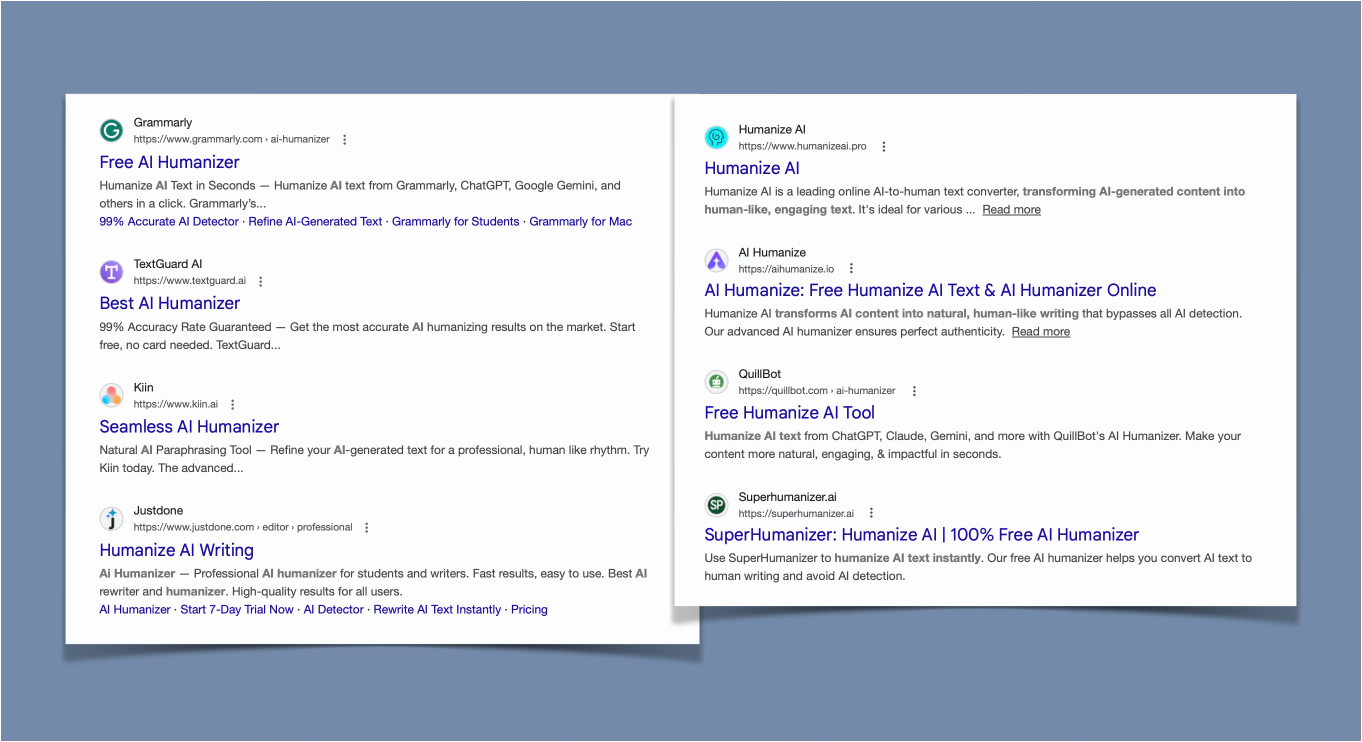 Eight hit for "AI Humanizer", including Grammarly, Textguard, Kiin, Justine, aihumanize, quillbot and superhumanizer.