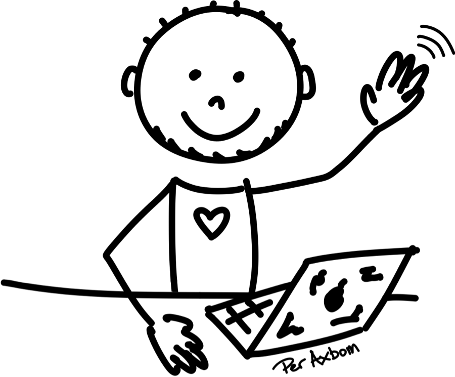 A simple stick-figure drawing of Per Axbom sitting at a computer, smiling and waving.
