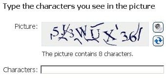 Screen dump: Example of what a Captcha looks like, example from MSN Passport