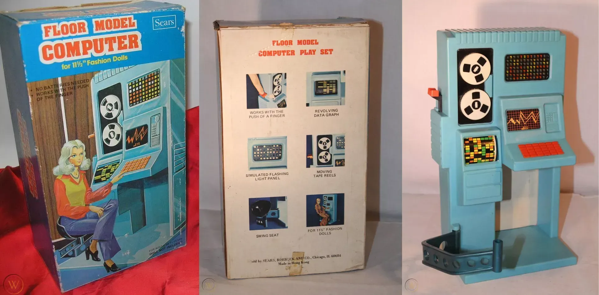 Pictures of a vintage Floor Model Computer box (front and back) and standalone toy.