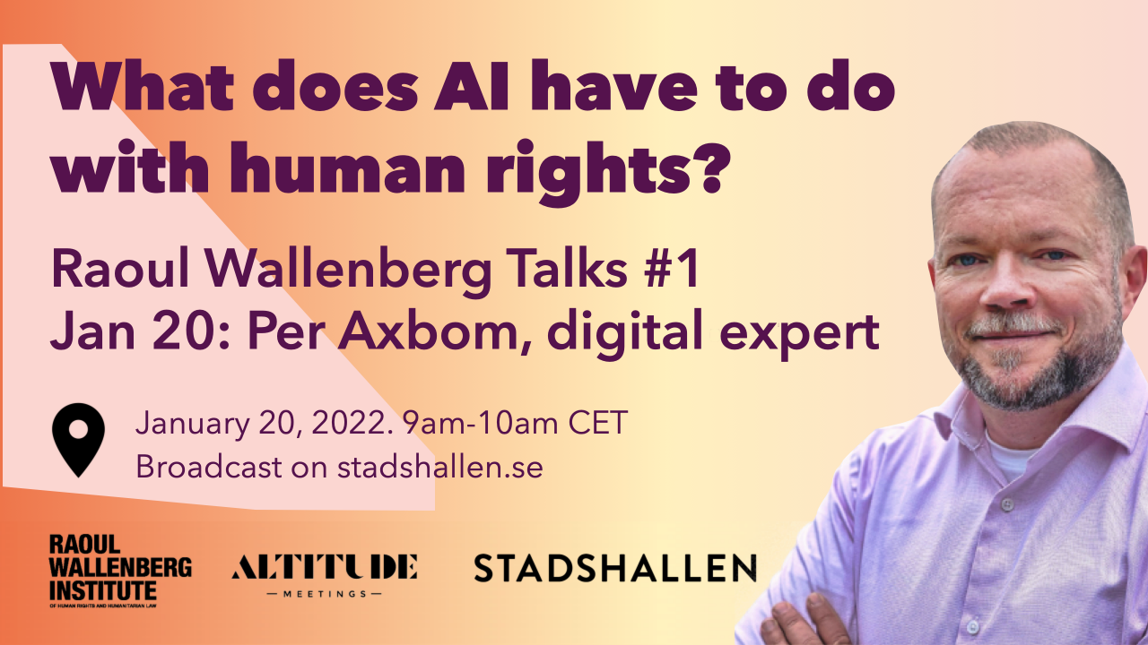 Ad for the seminar with a picture of Per and the heading What does AI have to do with human rights?