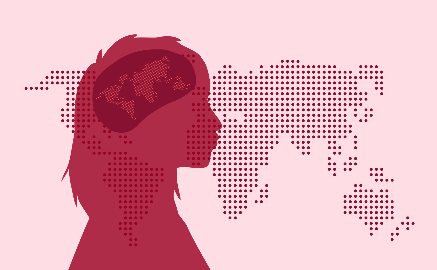 Illustration: profile of person with pixelated world map superimposed on brain area. Pixelated world map in background.
