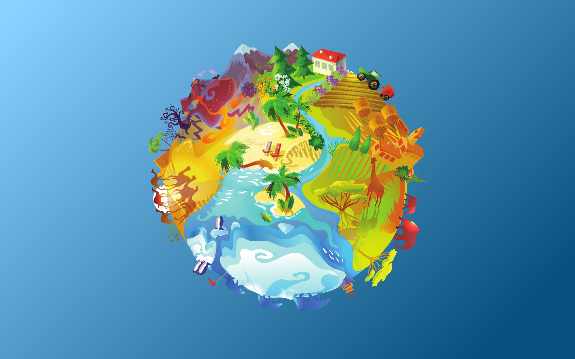 Illustration of a globe with different landscapes, seasons and animals, a desert, a farm, a volcano and a tropical island.