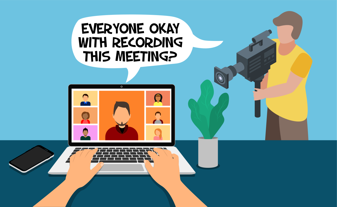 Person by computer. Online meeting, and a cameraperson in the same room ask: "is everyone okay with recording this meeting?"