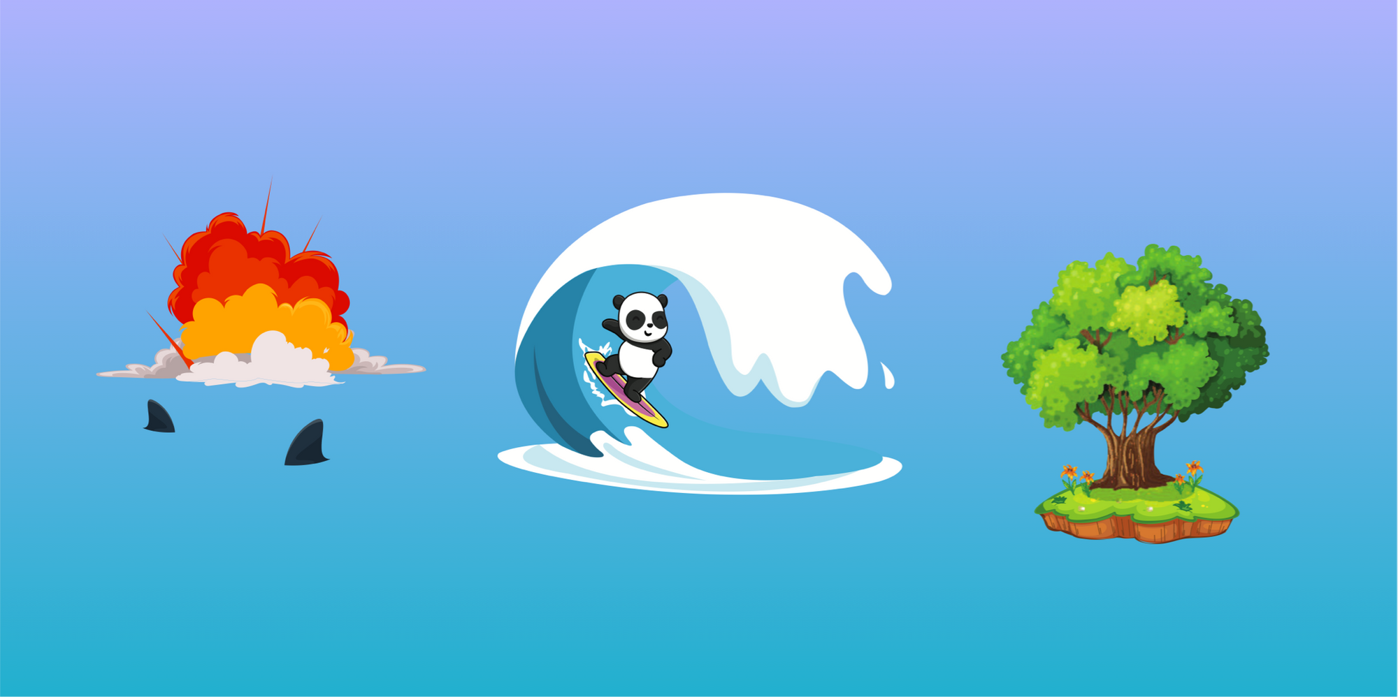 Panda surfing away from shark-infested explosion towards a green island with an oak tree and flowers.