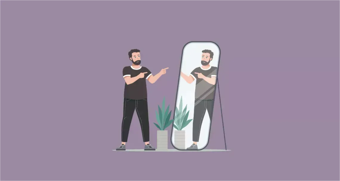 Illustration of a man looking in the mirror and pointing at his own reflection.
