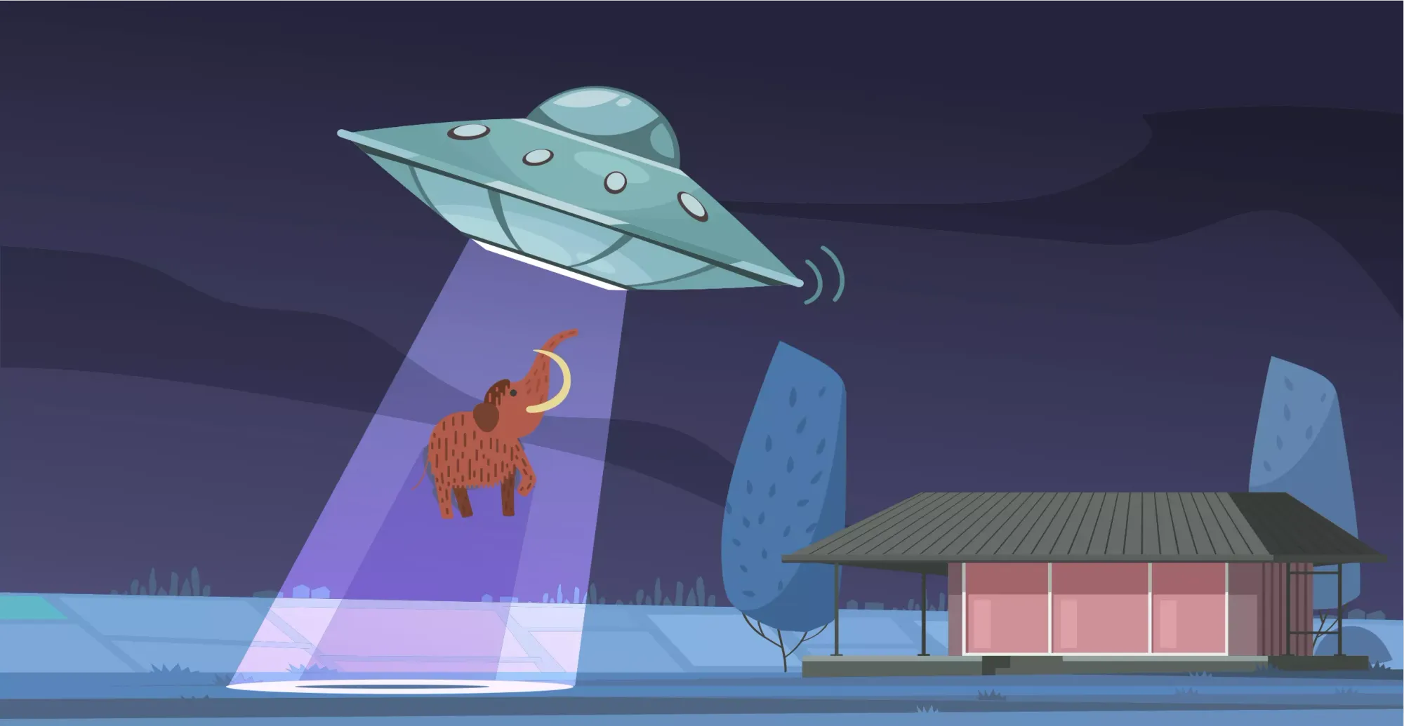 A mastodon being pulled in by the tractor beam of a UFO.
