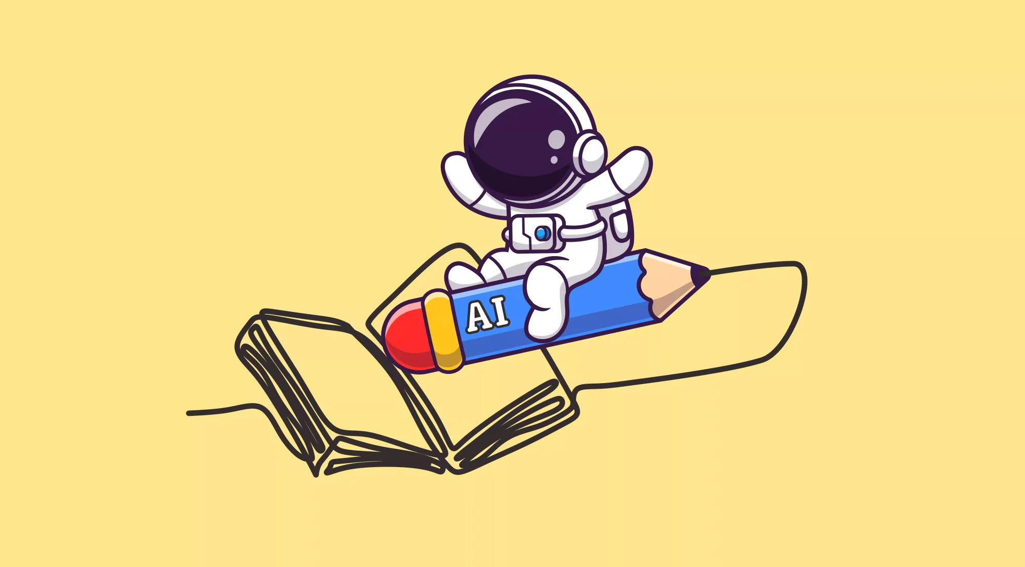 Astronaut riding on a large pencil. The pencil has drawn a book using a continuous line. The pencil is labelled with "AI".