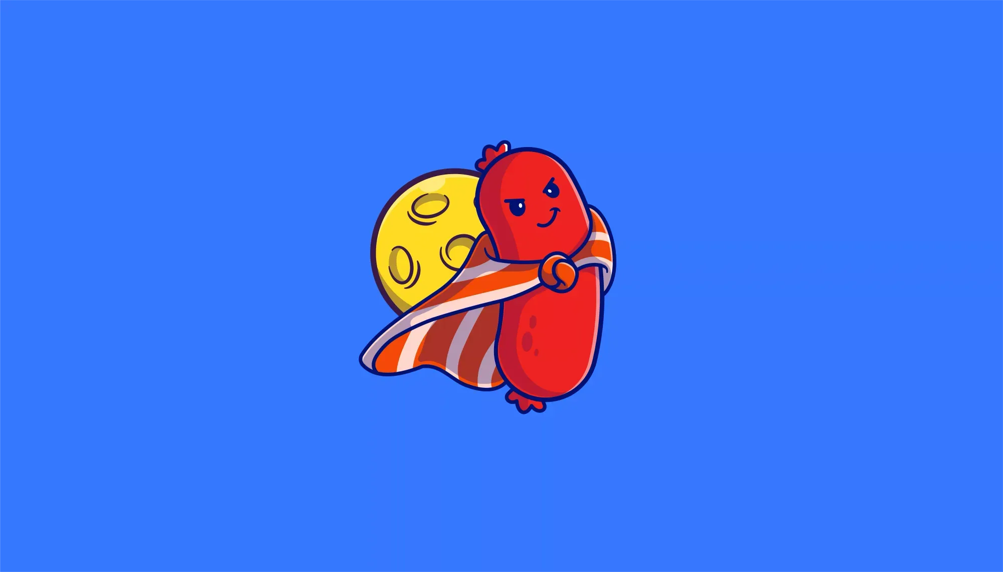 A sausage with a cape like a superhero hovers in the foreground. Behind it is the moon, half covered by the sausage.