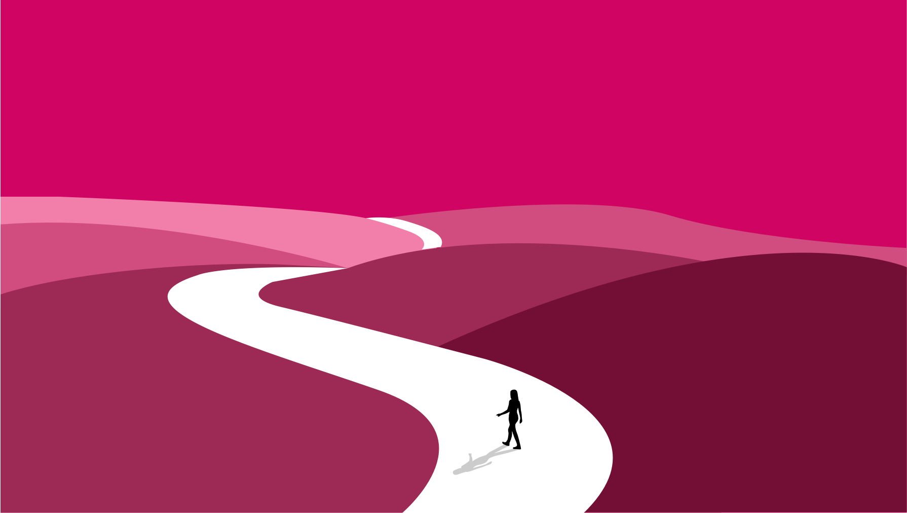 Shadow-like figure walking towards the horizon along a winding road in an undulating red landscape.