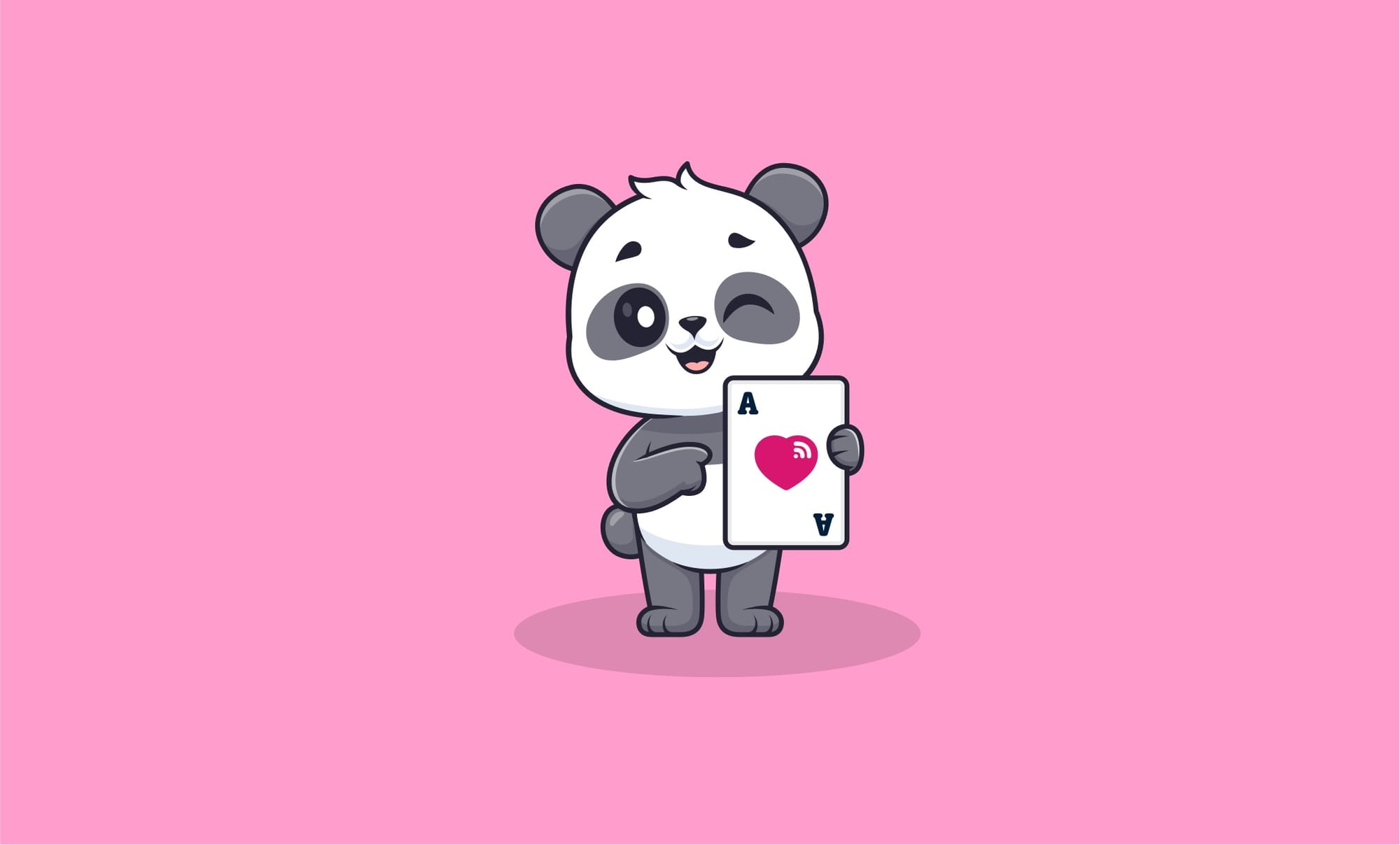A smiling panda holding a playing card and winking with one eye. The playing card is an ace with a heart in the middle.