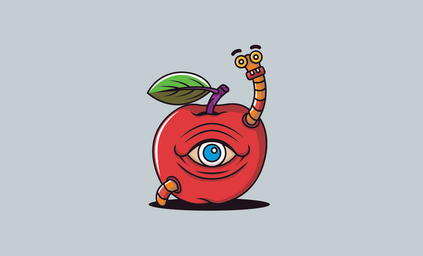Illustration of an apple with a worm crawling through it. Peeking out out of the center of the apple is a human-looking eye.