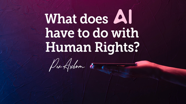 Mobile resting in the palm of a hand and title: "What does AI have to do with Human Rights?"