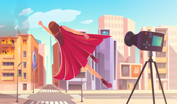 Female superhero with cape flying towards a burning building while being filmed.