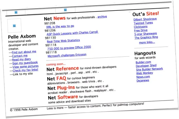 A screenshot of my website in 1998. The footer reads: "Less is more – faster access to content. Perfect for palmtop computers!"