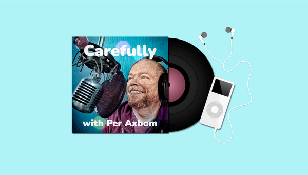Podcast cover with Per Axbom smiling next to a big microphone. Also: a vinyl record and iPod mp3 player.