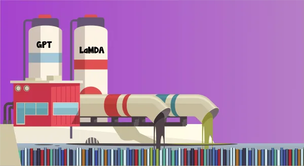 Industry pollution illustration. Two pipes (GPT and LaMDA) spilling liquid into a sea filled with books.