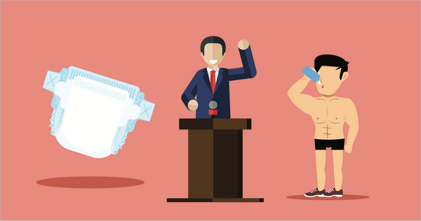 Illustration of a politician at a podium, flanked by a big diaper and a half-naked bodybuilder drinking from a water bottle.