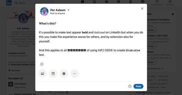 A compose window on LinkedIn where Per has used variants of Unicode that display letters in illustrative fashions.