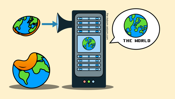 A small slice of Earth (North America and Europe) is used to train an AI system in a computer tower.