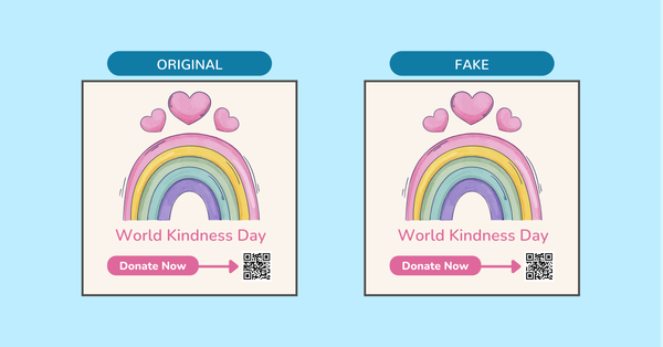 Two campaign graphics for World Kindness Day that look the same but the QR codes differ. One is the original and one is fake.