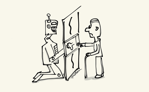 Illustration: humanoid robot hiding behind a screen where an elderly person is pushing a button and getting a thumbs down.