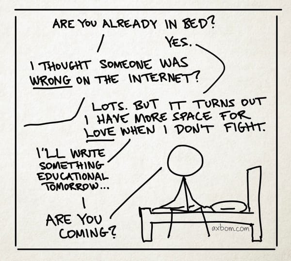 A stick figure sitting on their bed talking to someone out of view.