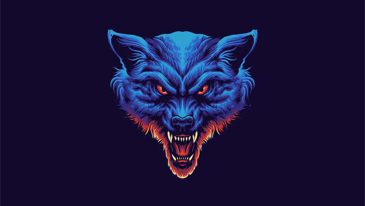 illustrated growling evil-looking head of a wolf against a black background