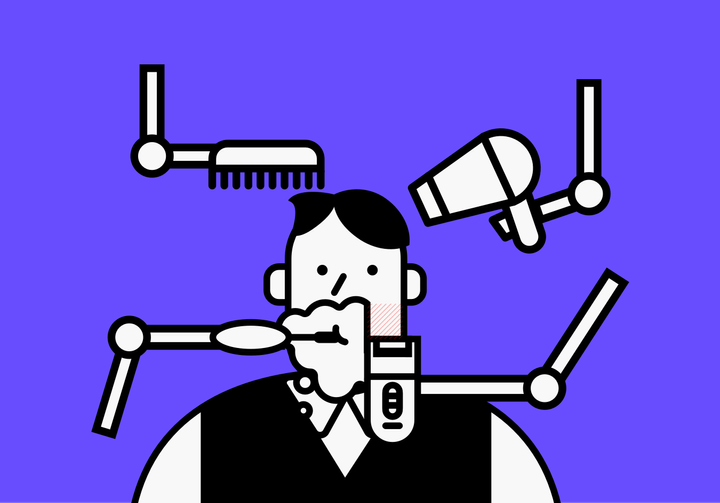 Illustration of four robot arms shaving, lathering, combing and hairdrying a man.